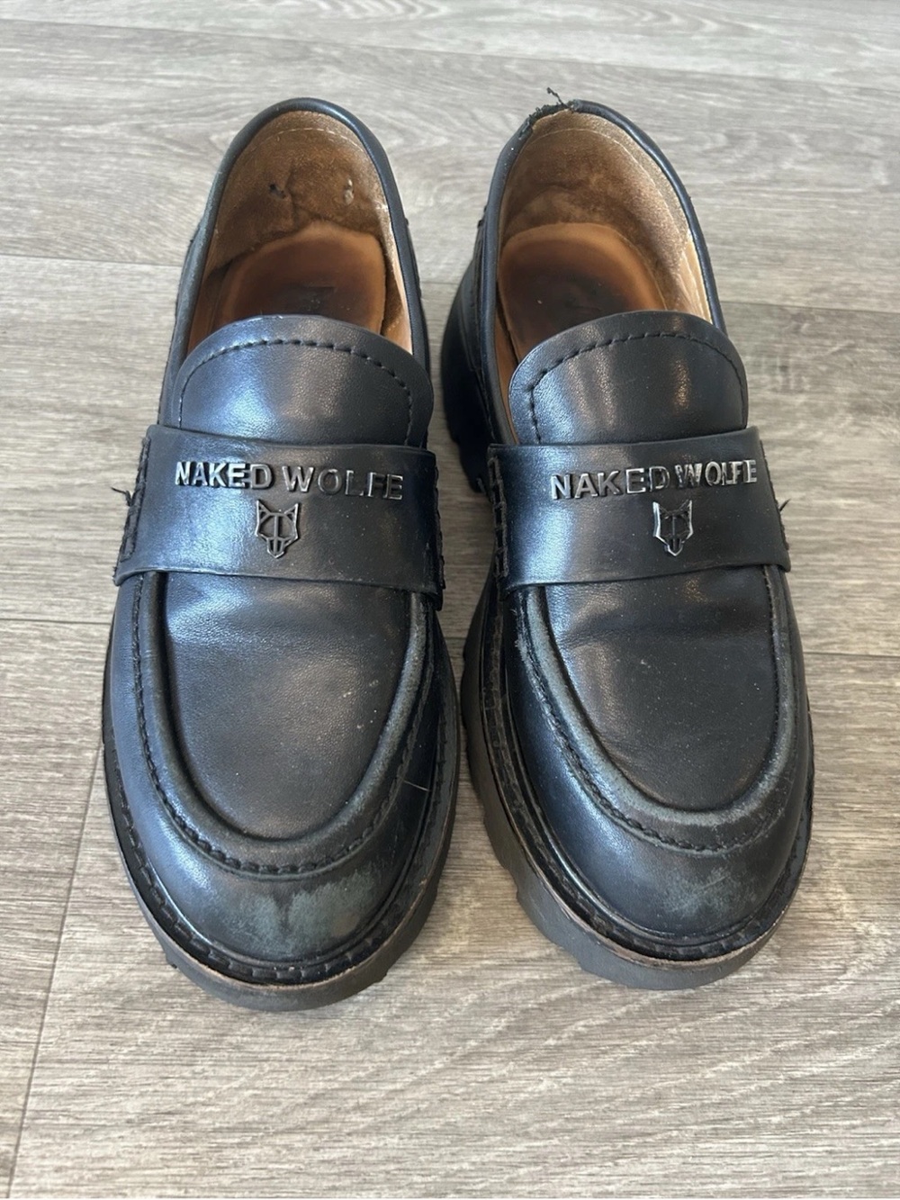 Naked Wolfe Black Leather Platform Loafers Sz 6.5 Chunky Lug Sole Goth Y2K
